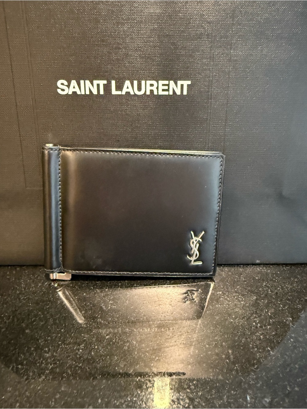 Saint Laurent Black Leather Money Clip with Silver YSL Logo
